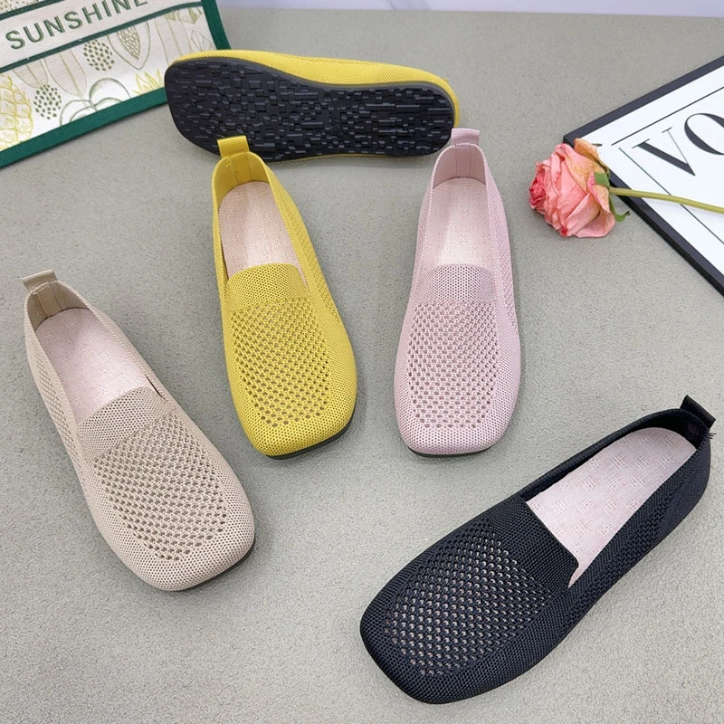 夏季老北京布鞋女透气飞织镂空豆豆鞋浅口凉鞋软底防滑舒适妈妈鞋