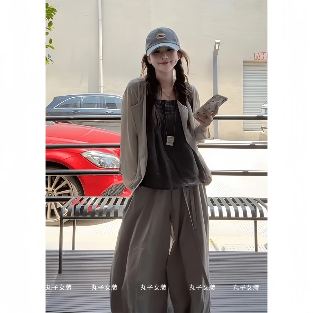 女装夏装套装2025新款爆款吊带背心防晒长袖开衫阔腿休闲裤三件套