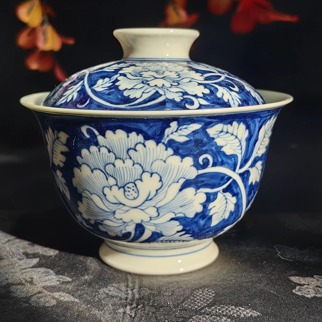 觅纤 蓝底牡丹盖碗-125毫升 MQ440
