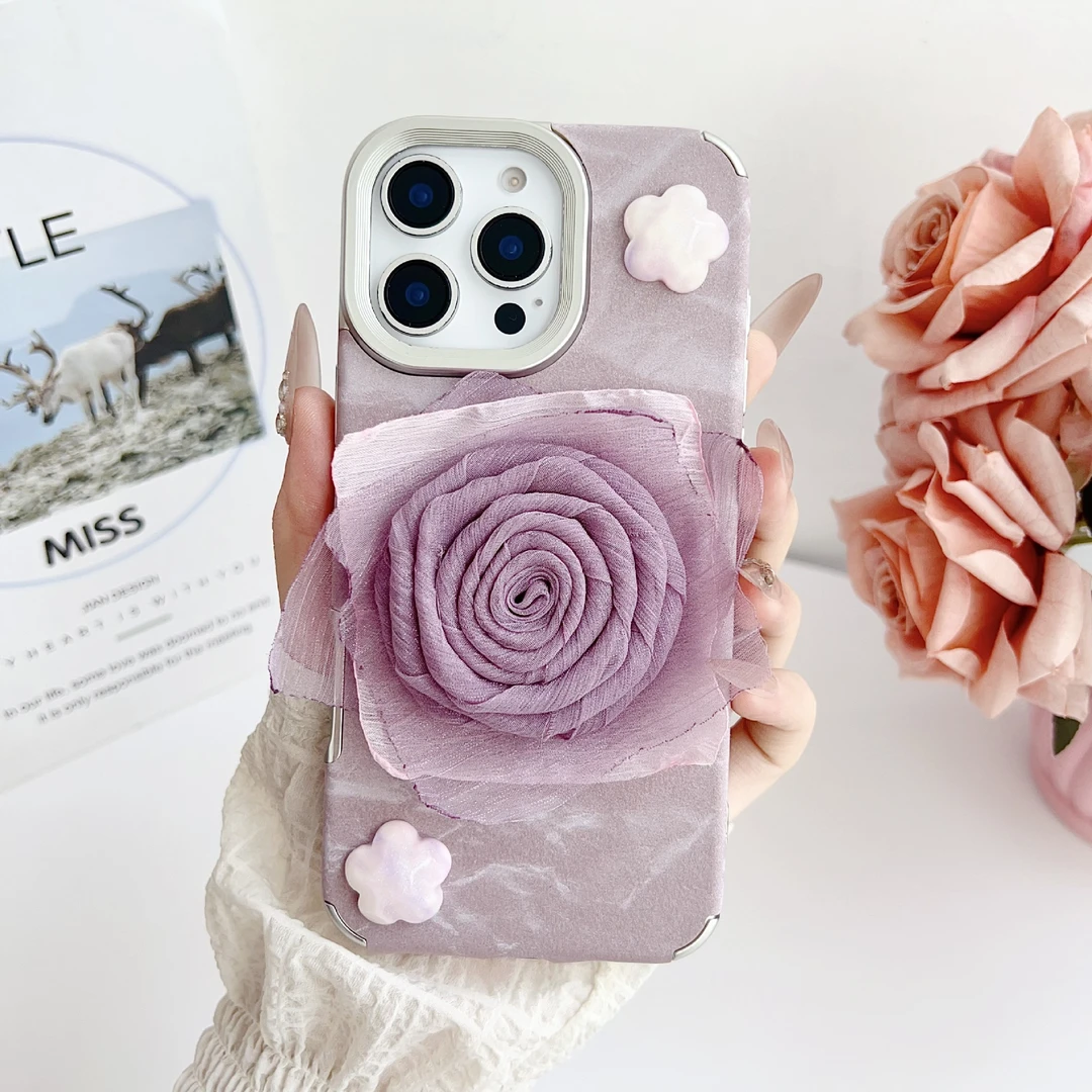 ins立体网红玫瑰花适用苹果17Promax手机壳IP15/16雪山绒14大孔套