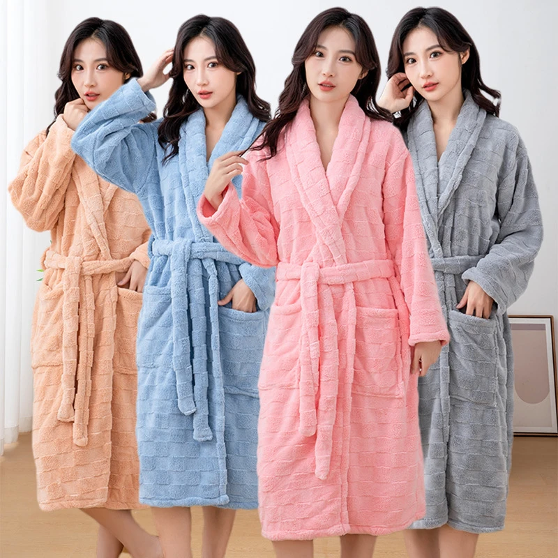 珊瑚绒长款睡袍双面加绒吸水快干情侣家居服睡衣加长加厚秋冬浴袍
