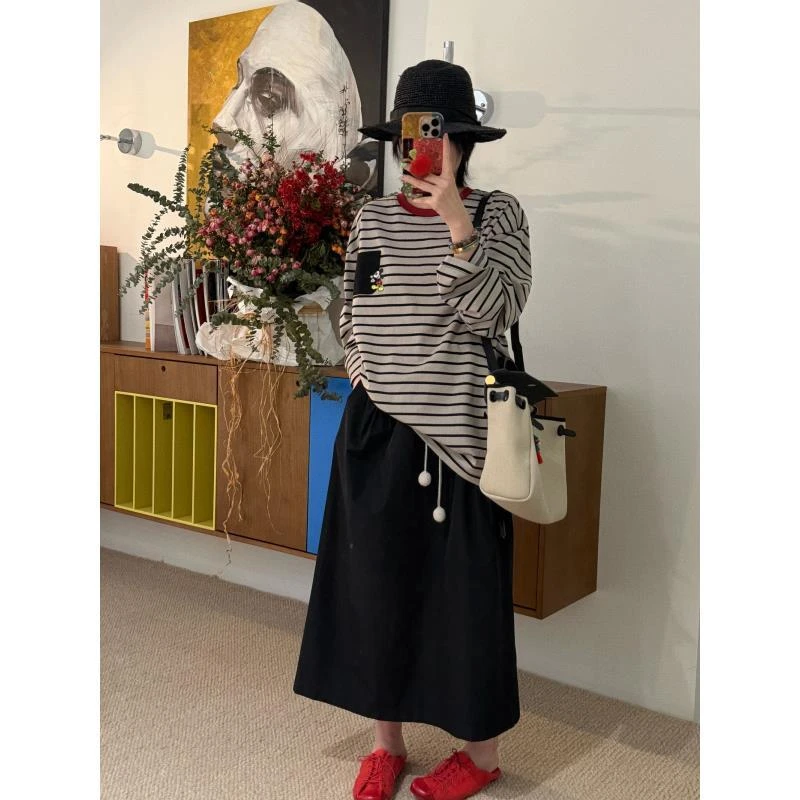 【面料超好的条纹】条纹撞色口袋后背贴布长袖T恤J25DX103