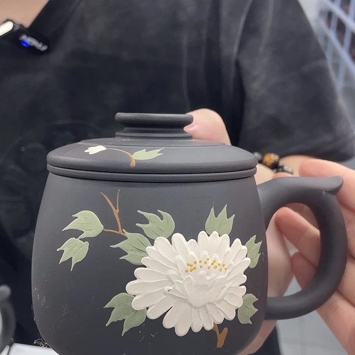 茶杯紫砂石黄牡丹三件套