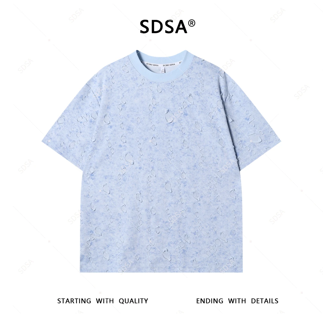 SDSA夏季新款男士痞帅小清新扎染割破破洞设计圆领短袖T恤高街