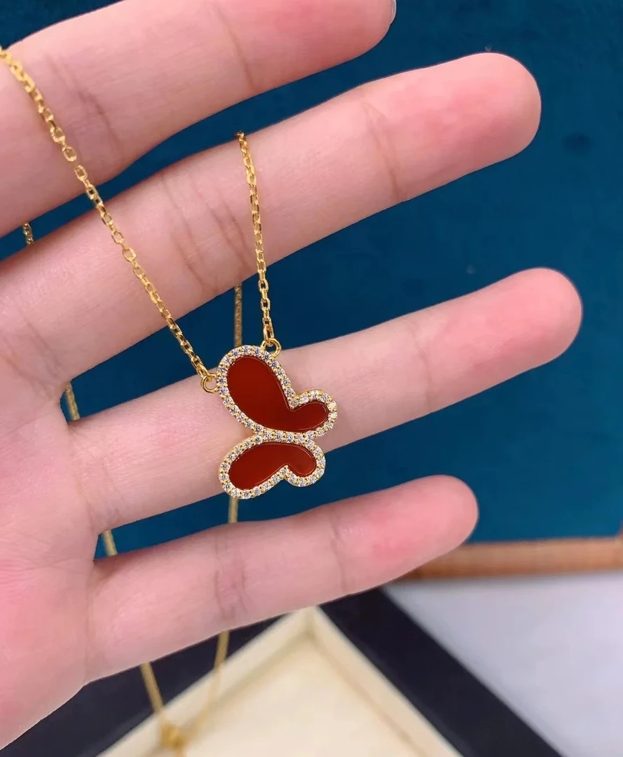 《云聚川珠宝》足金999 真5G 红色蝴蝶镶嵌孔雀石莫桑套链精选大气