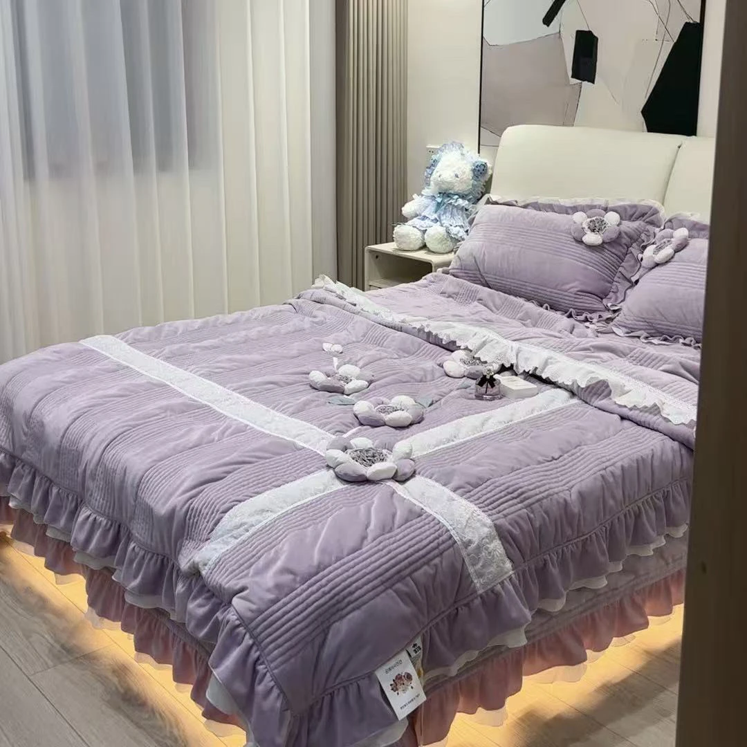 木棉花.暖绒床盖款四件套，标准尺寸韩版荷叶边绣花公主风