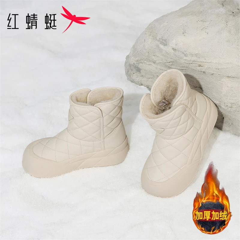 红蜻蜓女真皮雪地靴女2025冬季新款爆款加绒加厚棉鞋休闲面包短靴