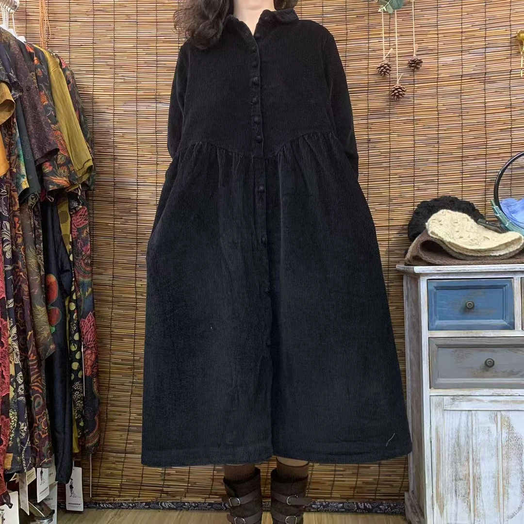 9001复古纯色灯芯绒连衣裙女春秋宽松显瘦长袖打底中长款裙子百搭