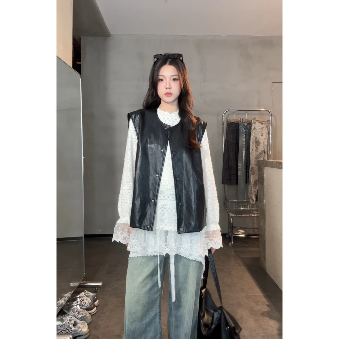 【探险家】马甲秋季小众清冷感黑色皮马甲女