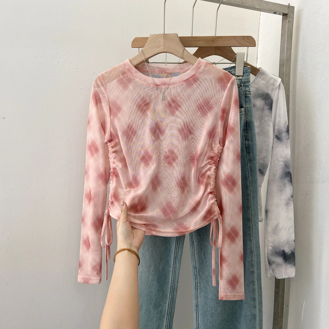 格纹掐腰短款修身纯欲风长袖T恤女2025夏季新款抽绳设计小众上衣