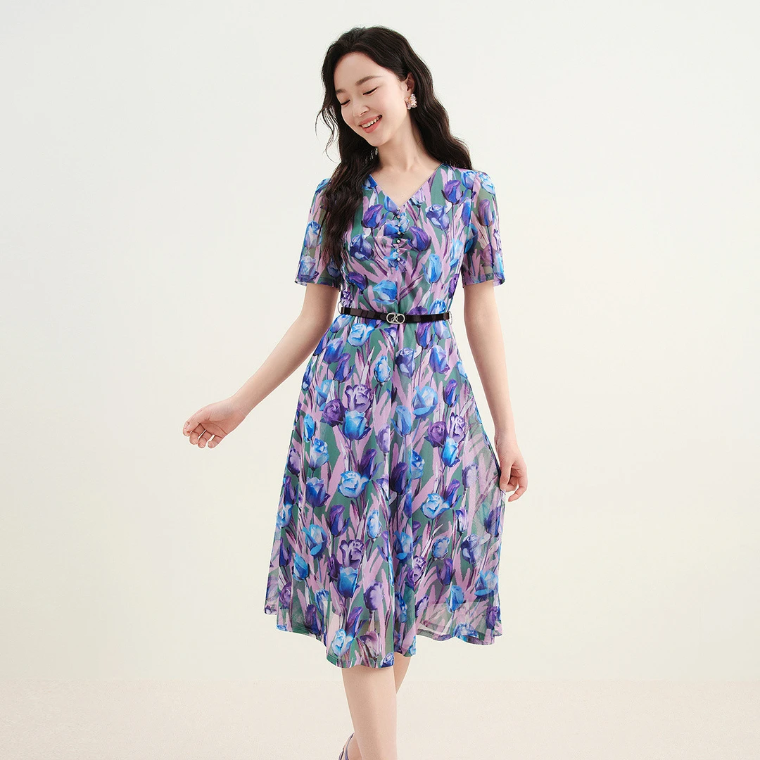 【羊羊专属】珂莱蒂尔夏季新款度假优雅印花短袖显