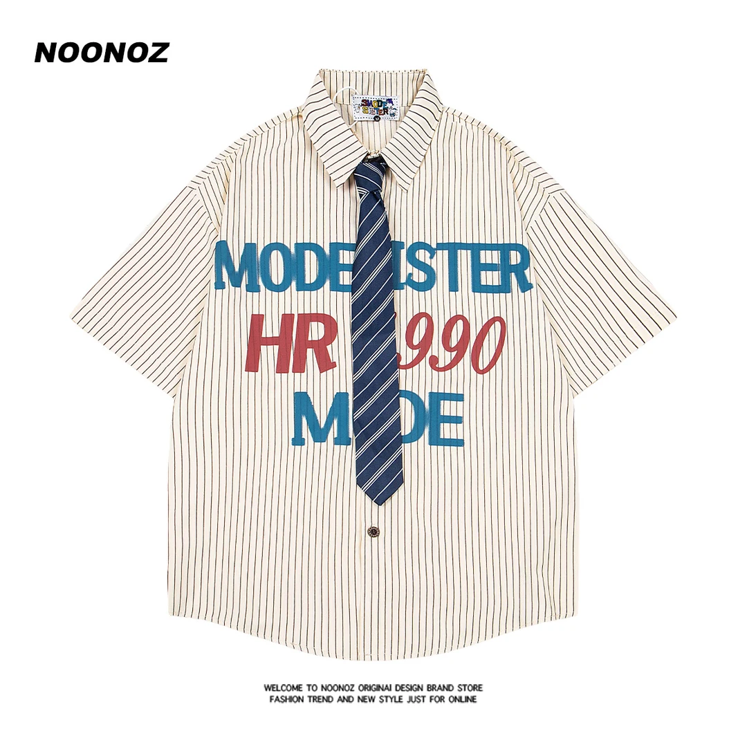 NOONOZ夏季美式学院风条纹领带短袖衬衫男宽松潮牌复古休闲衬衣