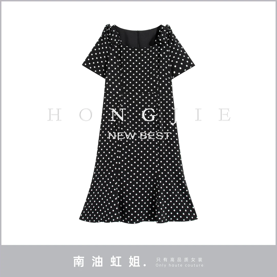 【南油虹姐】夏季法式复古波点收腰显瘦藏肉短袖连衣裙