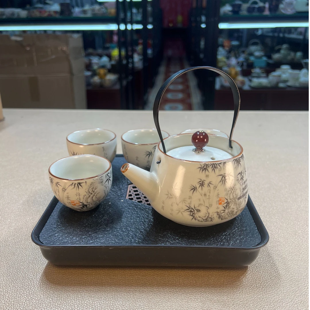 德化云仓 米黄汝窑墨竹提梁壶一壶四杯带茶盘家用功夫茶具-1845