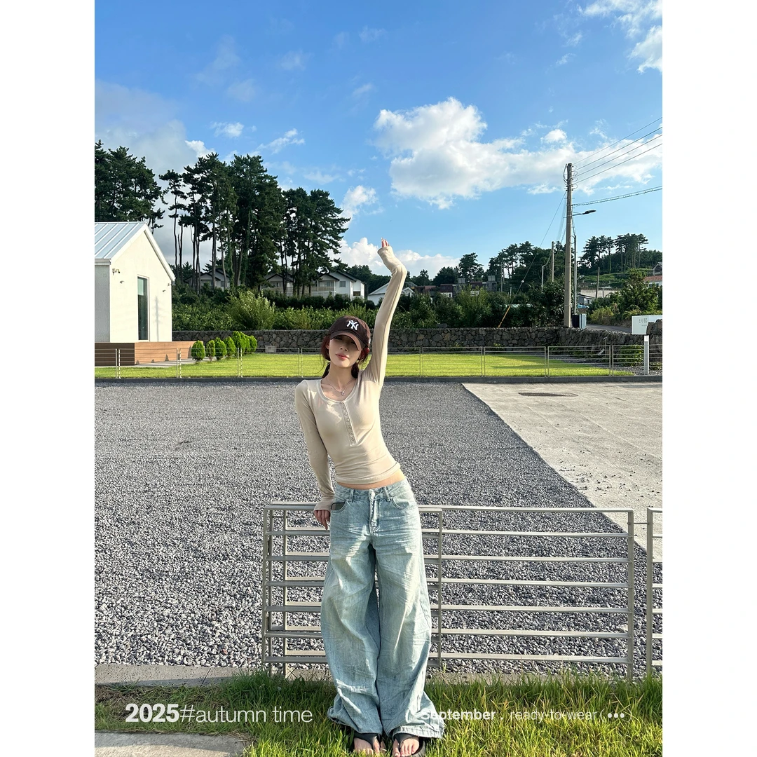 SUNONEONE 压褶毛边宽松直筒牛仔裤女秋美式低腰休闲裤子H1102K