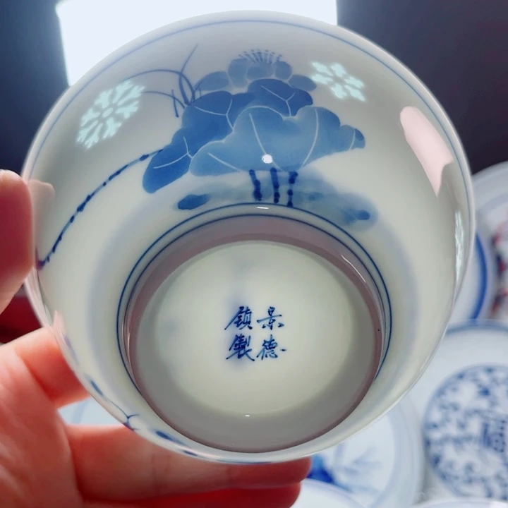 青花玲珑5寸饭碗手绘荷花雪花雕刻