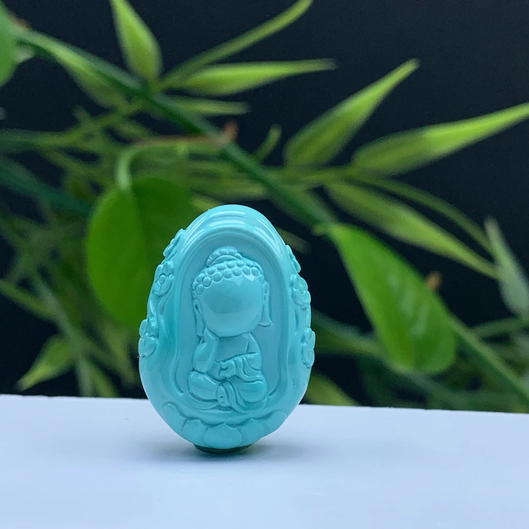 湖北原矿天然绿松石高瓷精工无相佛吊坠配串直径17.3