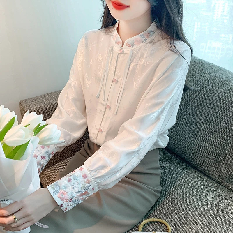 2025年春季新中式提花流苏雪纺衫女士国风刺绣上衣气质遮肚子小衫