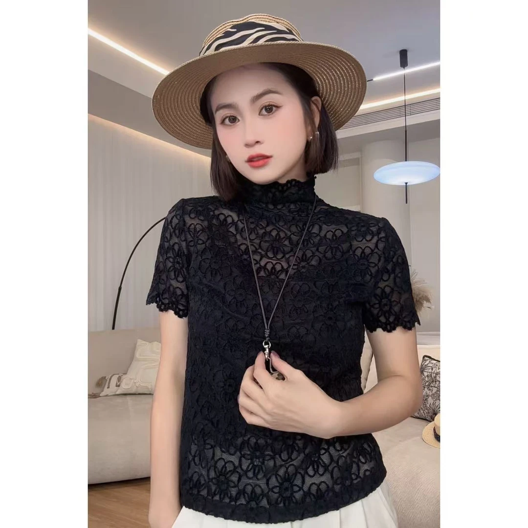 NANAKIKI【花朵】夏季百搭网纱镂空不规则打底T恤KK-SC99021