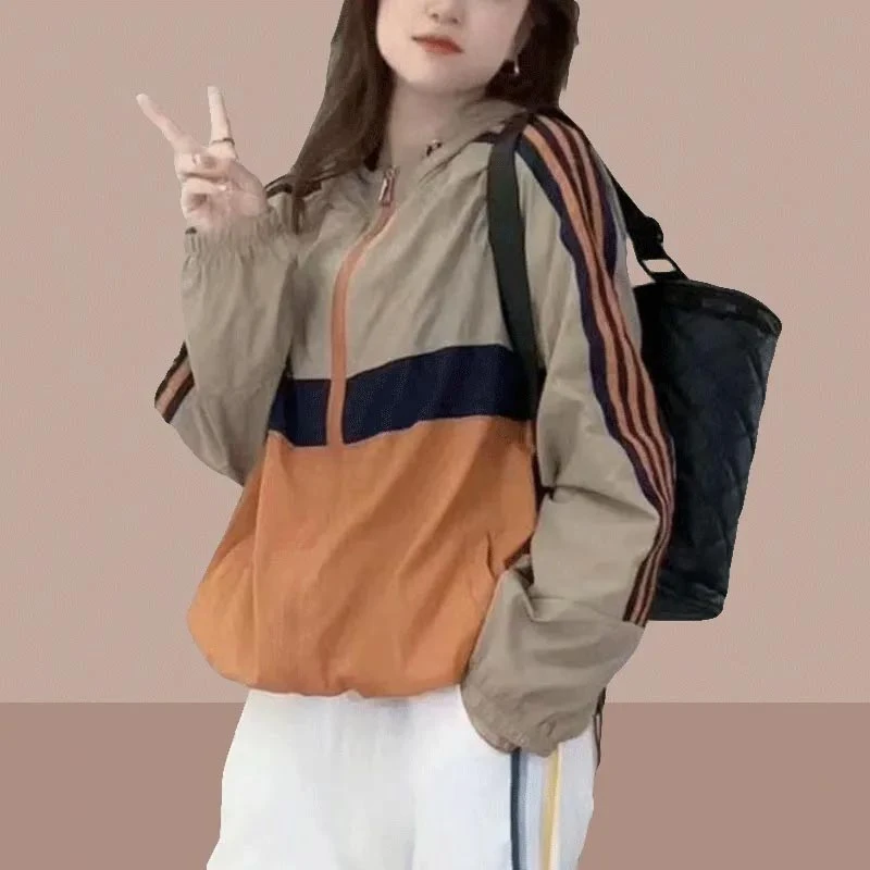 2025年夏季新款显瘦韩版简约上衣长袖连帽百搭宽松外套女士防晒衣
