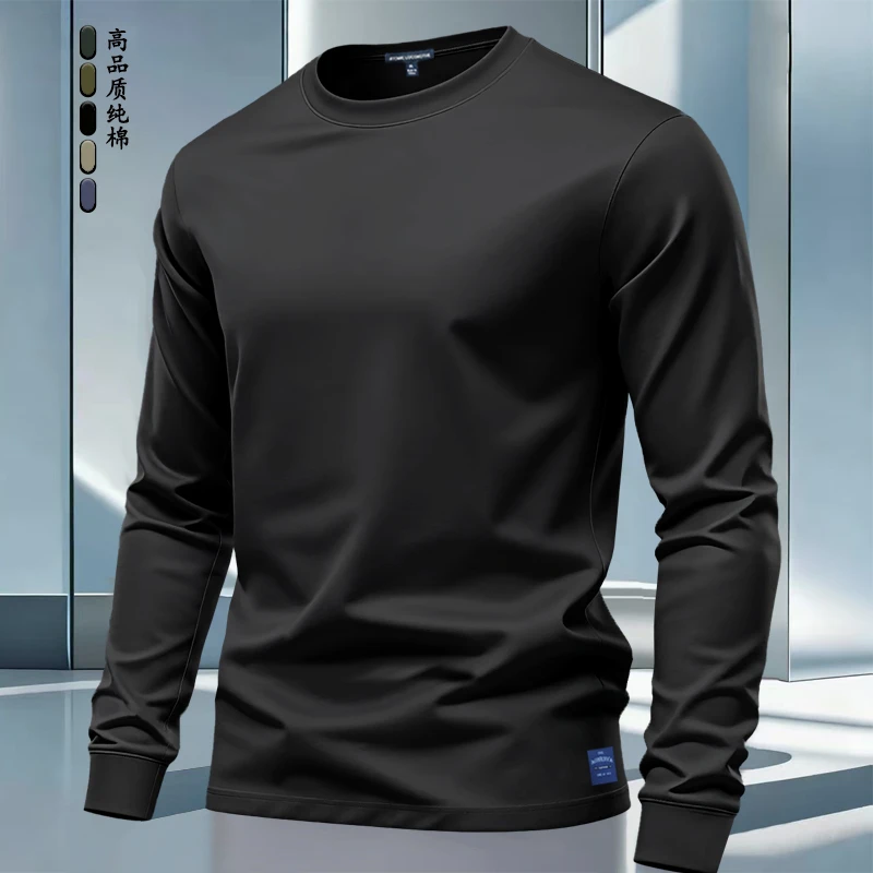 正版重磅100%全棉男款复古纯棉长袖T恤圆领长袖打底衫黑色上衣t恤