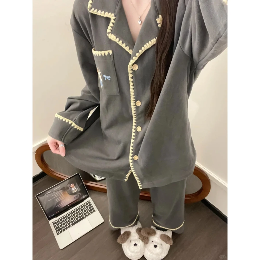 法式复古撞色高级感甜美风德绒睡衣女秋季亲肤舒适加绒家居服套装