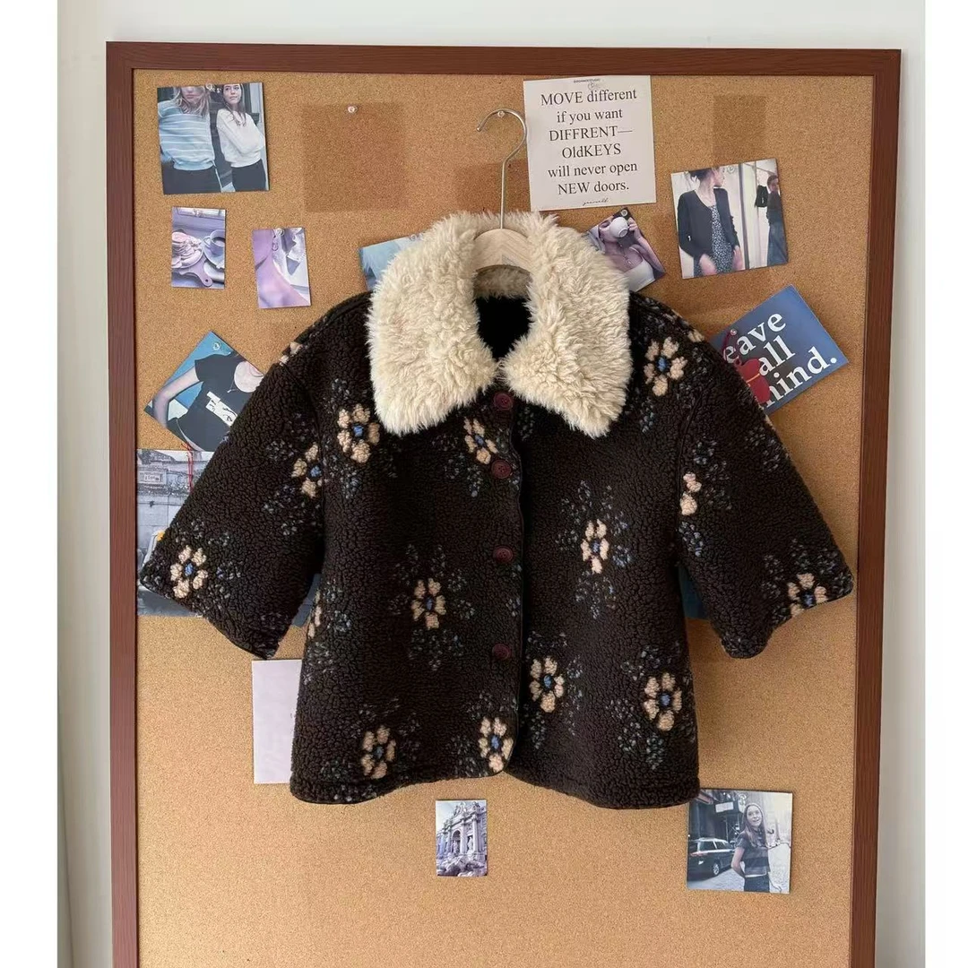 棕色拼接羊羔毛翻领短袖外套加厚上衣