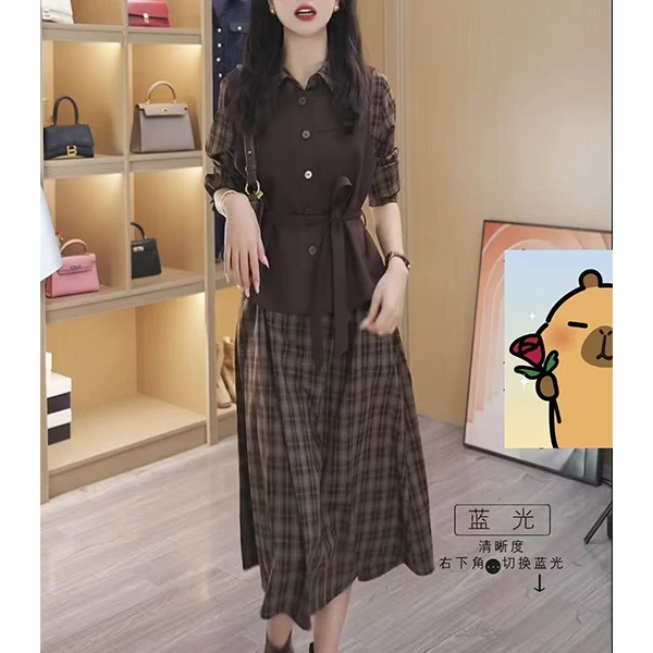 L5616法式复古格子撞色连衣裙女秋新款时尚气质百搭长袖拼接裙子