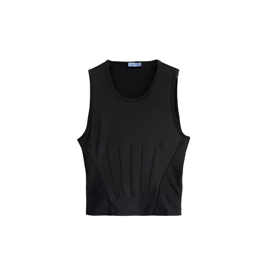 MUGLER/穆格勒纯色圆领鱼骨无袖背心 黑色