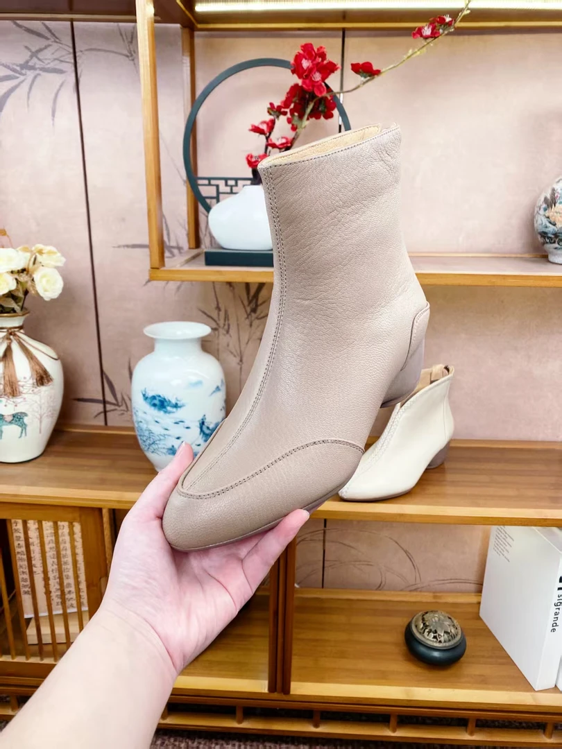 跟高4.5cm/羊34-40法式芒果头后拉链秋冬新款女鞋短靴气质中跟软