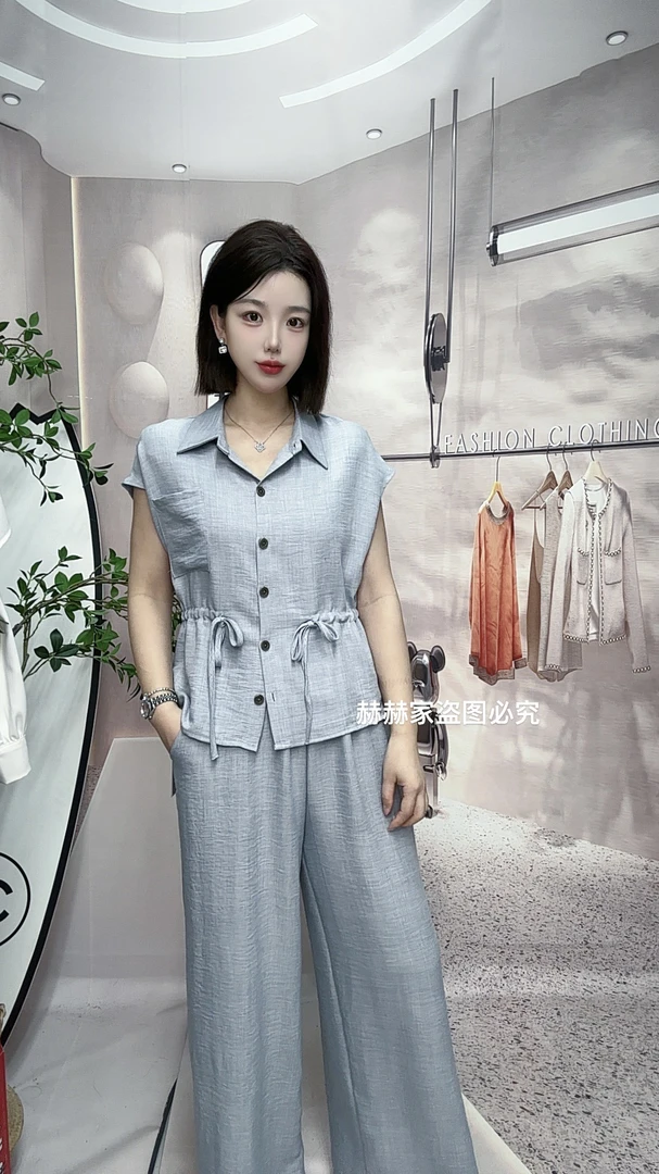 2025夏季短袖抽绳新款女套装爆款显瘦遮肉小衫时尚洋气夏装休闲