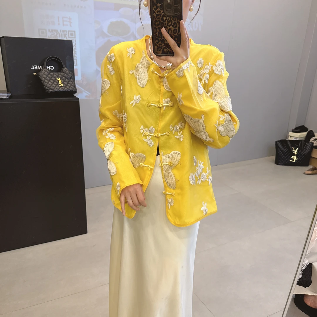 新中式国风蝴蝶刺绣气质时尚长袖复古衬衫8367
