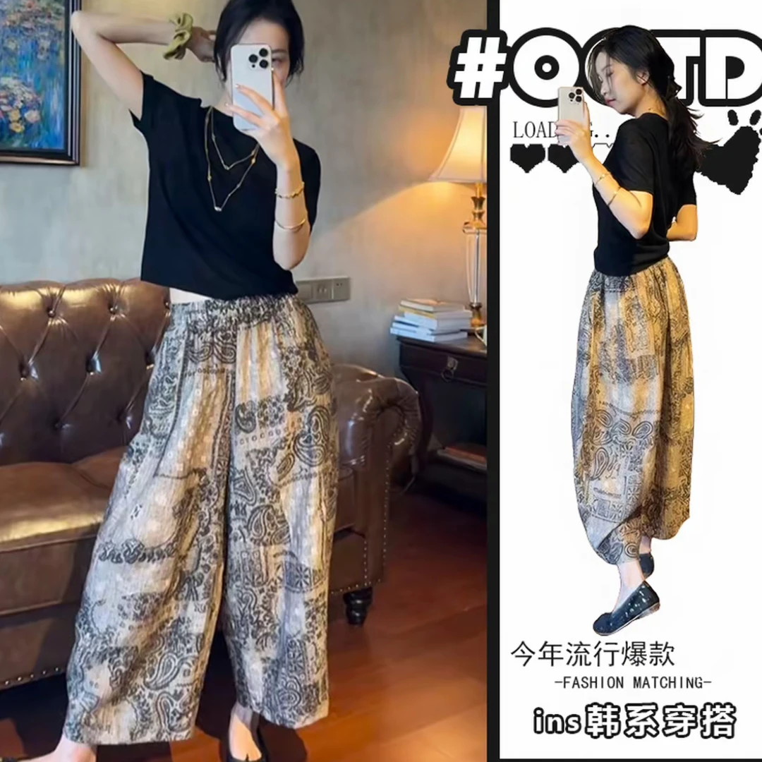 2025年夏季新款复古印花薄款宽松阔腿弯刀裤高腰百搭长裤109款