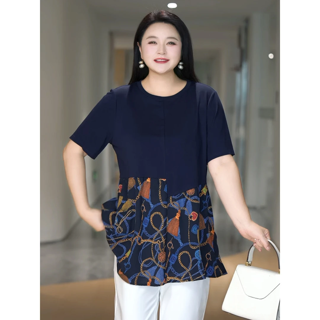 MsShe大码女装2025新款夏装复古洋气宽松遮肚短袖小衫J~B2506057