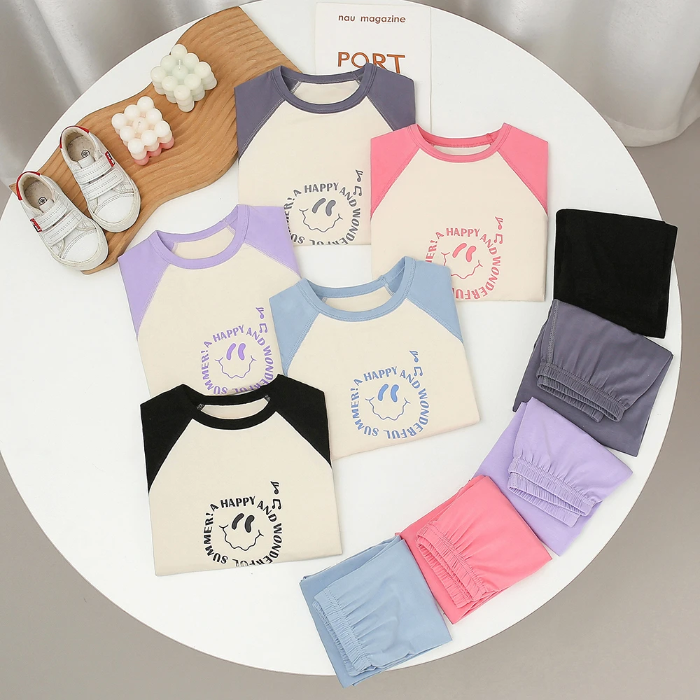 极璞夏季冰感莫代尔套装男童女童薄款长袖童装儿童夏季常规圆领