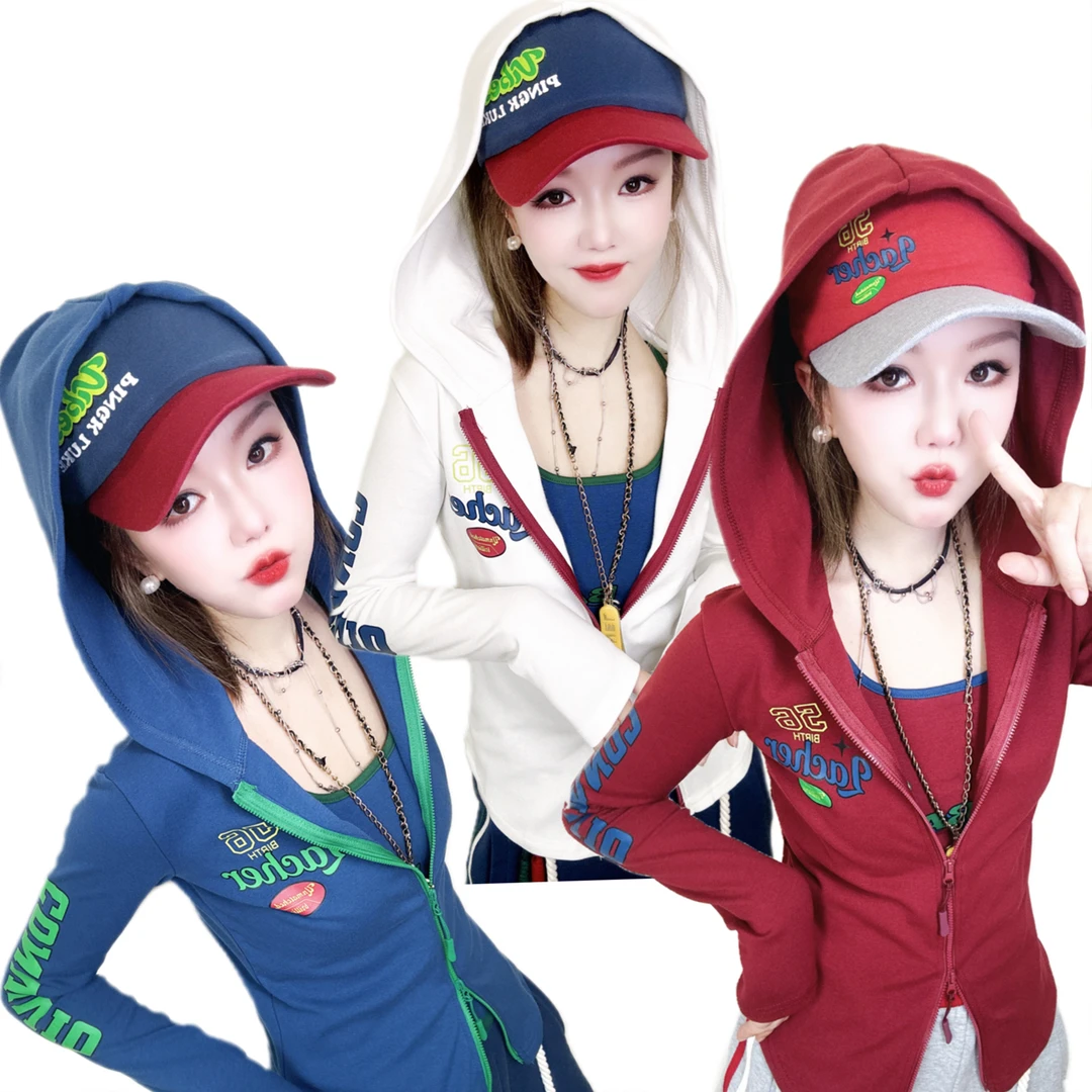 A286春秋新款潮牌修身显瘦时尚洋气个性连帽撞色休闲百搭外套女