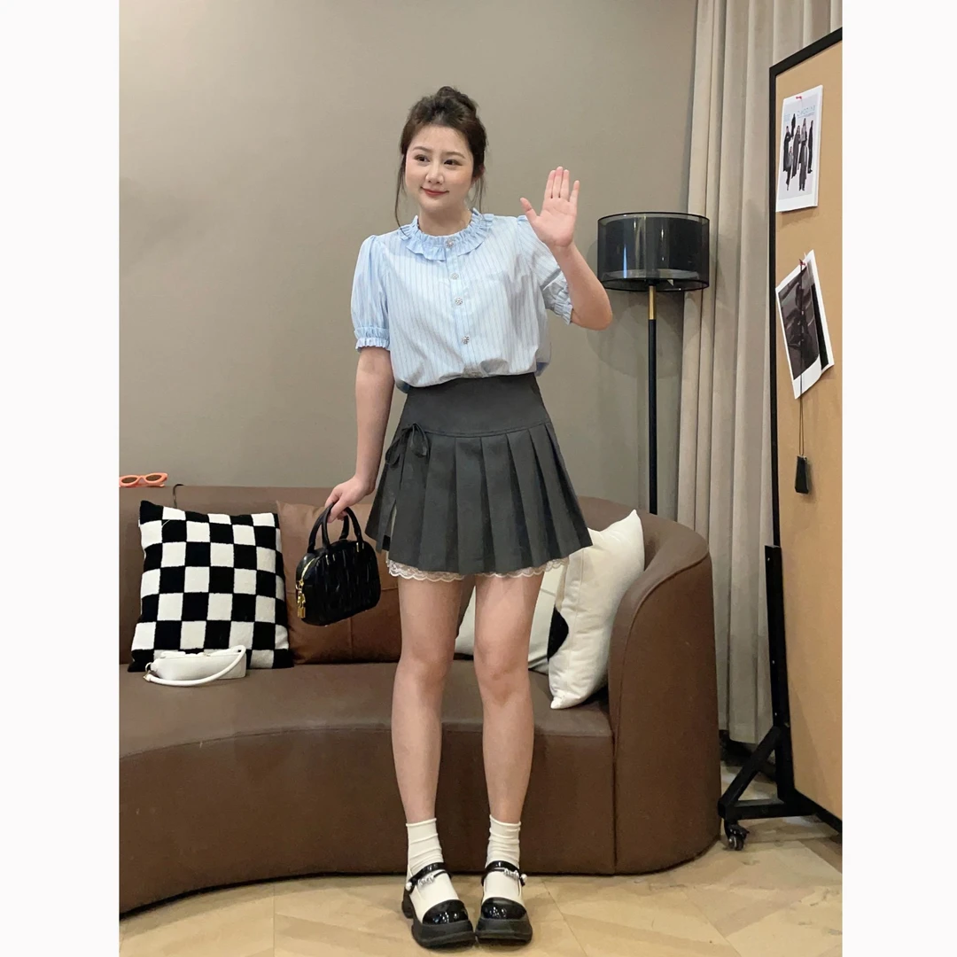 大萌萌【现货】轻职风条纹短袖衬衫高腰百褶半裙微胖显瘦P225A03449