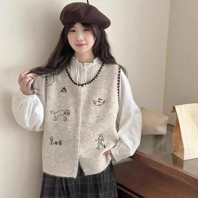 韩系卡通刺绣无袖针织马甲背心女秋冬时尚减龄显瘦叠穿马夹上衣潮