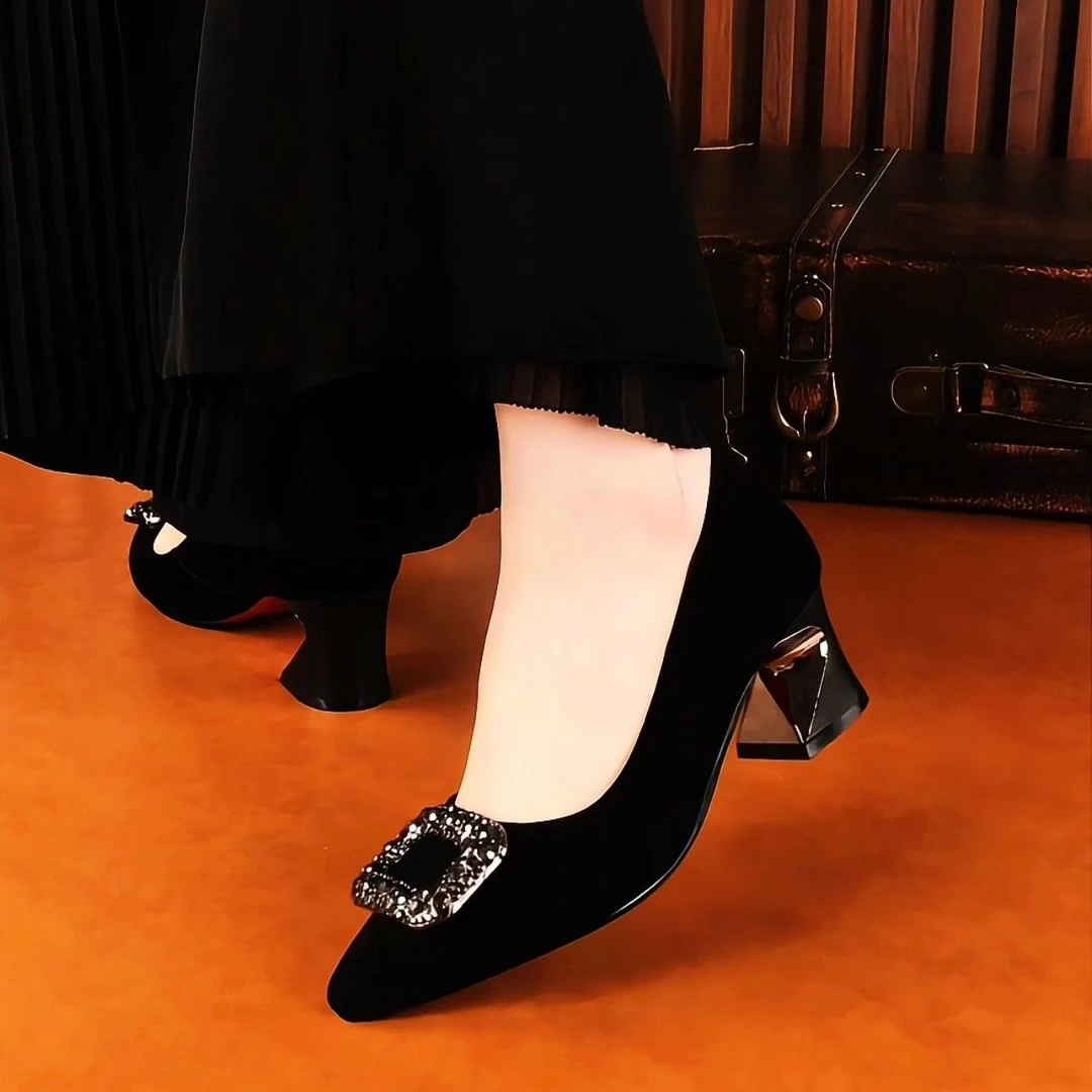 【店长推荐】春秋季粗跟中跟水钻磨砂单鞋浅口高跟百搭尖头女鞋外穿