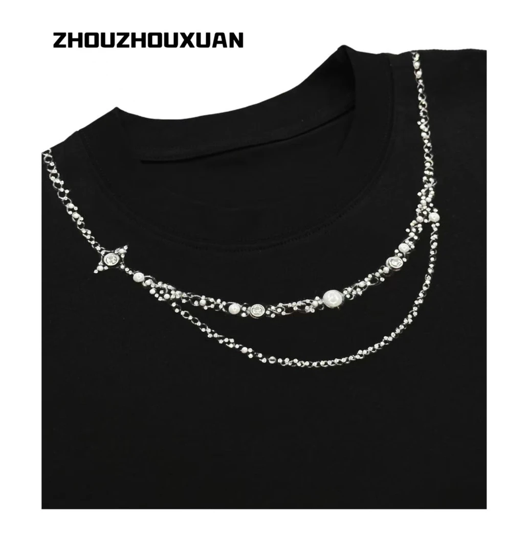 【原创烫钻项链短袖】高克重印花烫钻珍珠项链短袖T恤棉男女同款