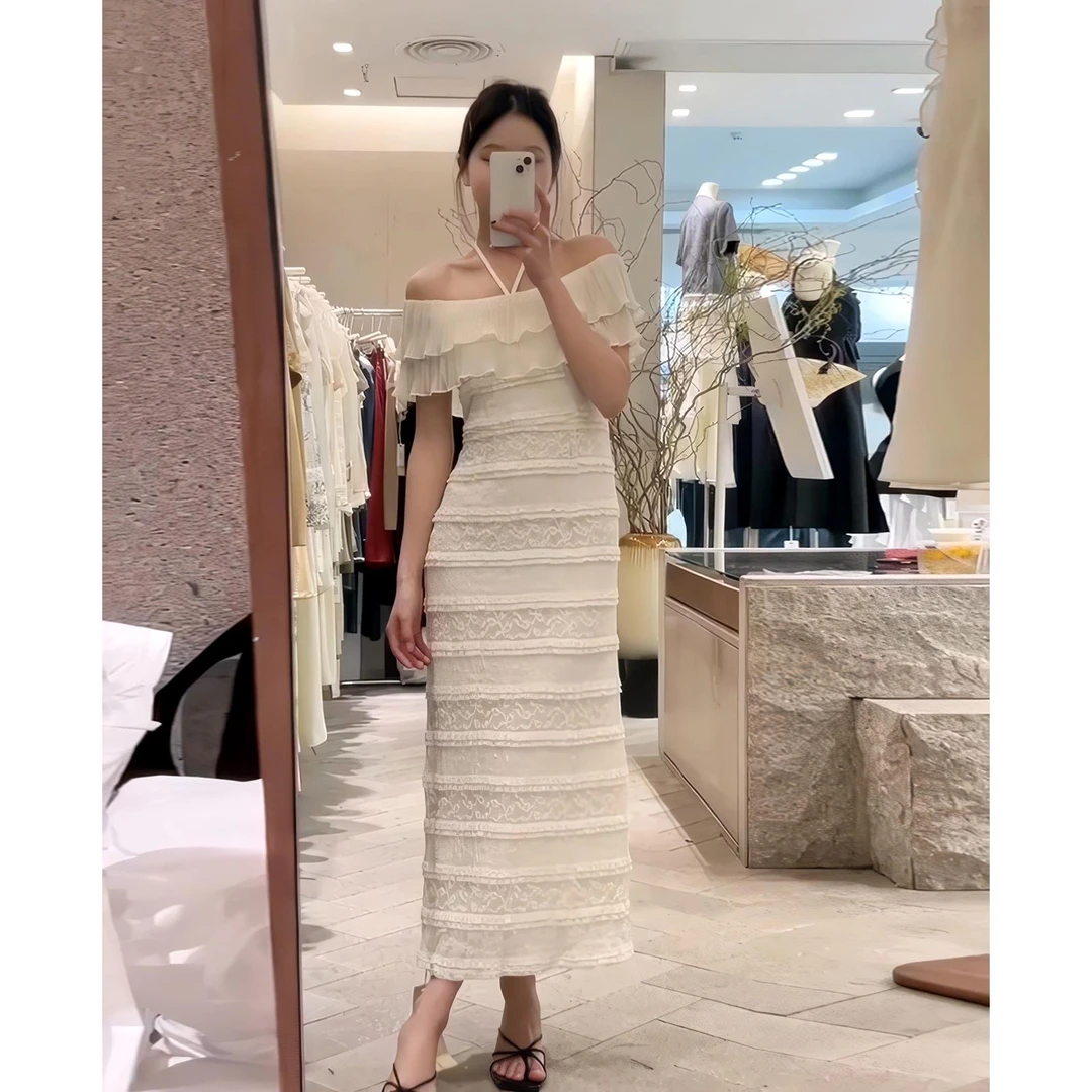 VOCKOO官方荷叶边一字肩挂脖连衣裙女2025秋季新款法式温柔风修身