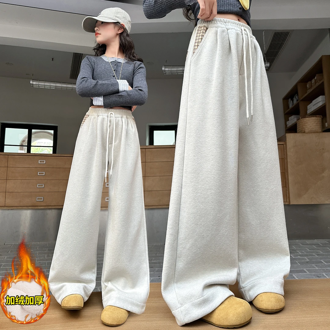 女童休闲卫裤加绒秋冬装2025新款中大童洋气阔腿裤儿童糯米直筒裤