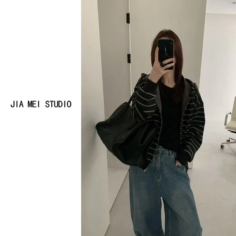 A136针织韩版秋季连帽女条纹毛针织衫宽松毛衣时尚百搭2025长袖