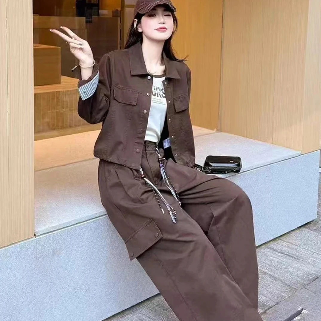 时尚休闲工装阔腿束脚长裤三件套装女2025秋季新款洋气减龄酷飒风