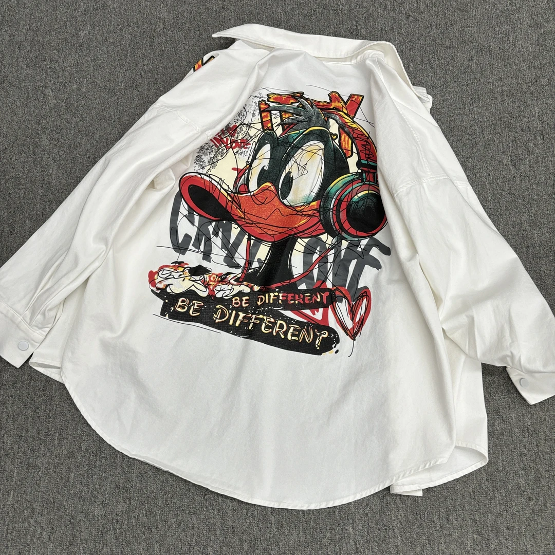 S0567春款潮牌时尚胶印花水洗牛仔衬衫外套