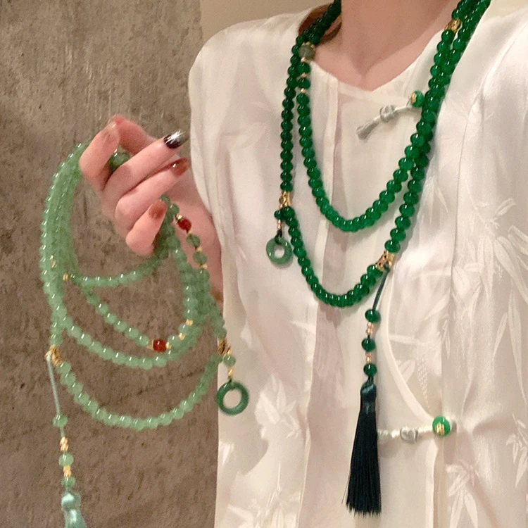 铜合金项链 新中式国风项链长款绿色串珠女款斜挎链复古气质古风