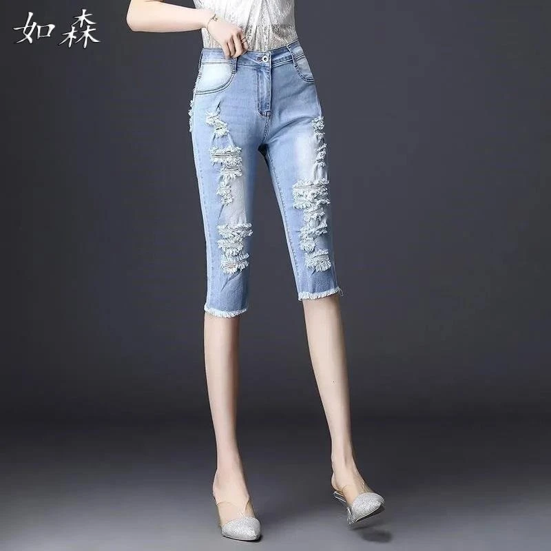 高腰显瘦破洞牛仔五分裤女夏季薄款2025新款紧身弹力修身小脚中裤