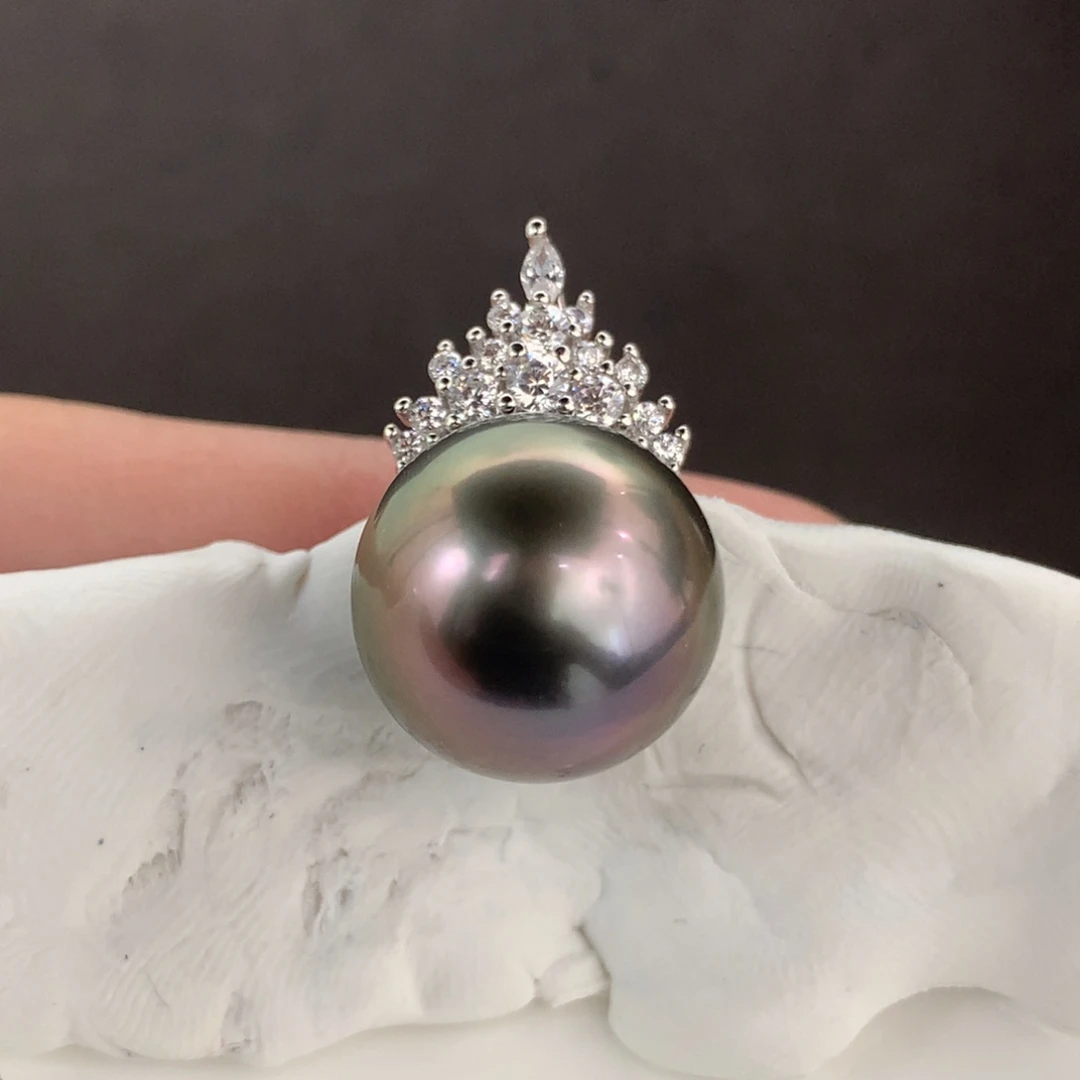 定制海水珍珠银S925镶嵌吊坠(不含链)大溪地绿透紫色13.1mm正圆