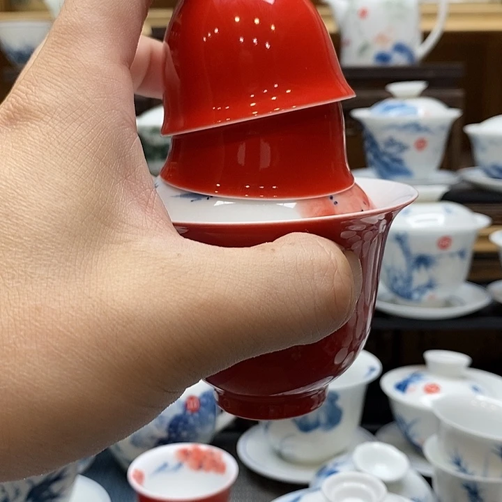 手绘微瑕荷花盖碗加2杯