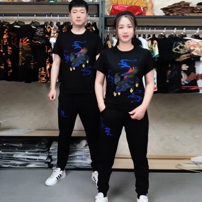 男士夏季新款时尚刺绣麒麟套装圆领短袖裤子两件套中国风休闲国潮